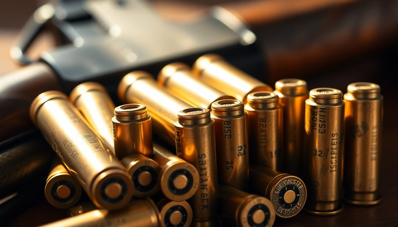 Detailed shot of .32 WIN cartridges showcasing brass finish and bullet tip for firearm enthusiasts.