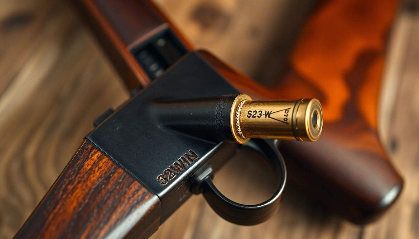 Detailed shot of a 32WIN cartridge next to a classic Winchester rifle, highlighting precision and craftsmanship for gun enthusiasts.