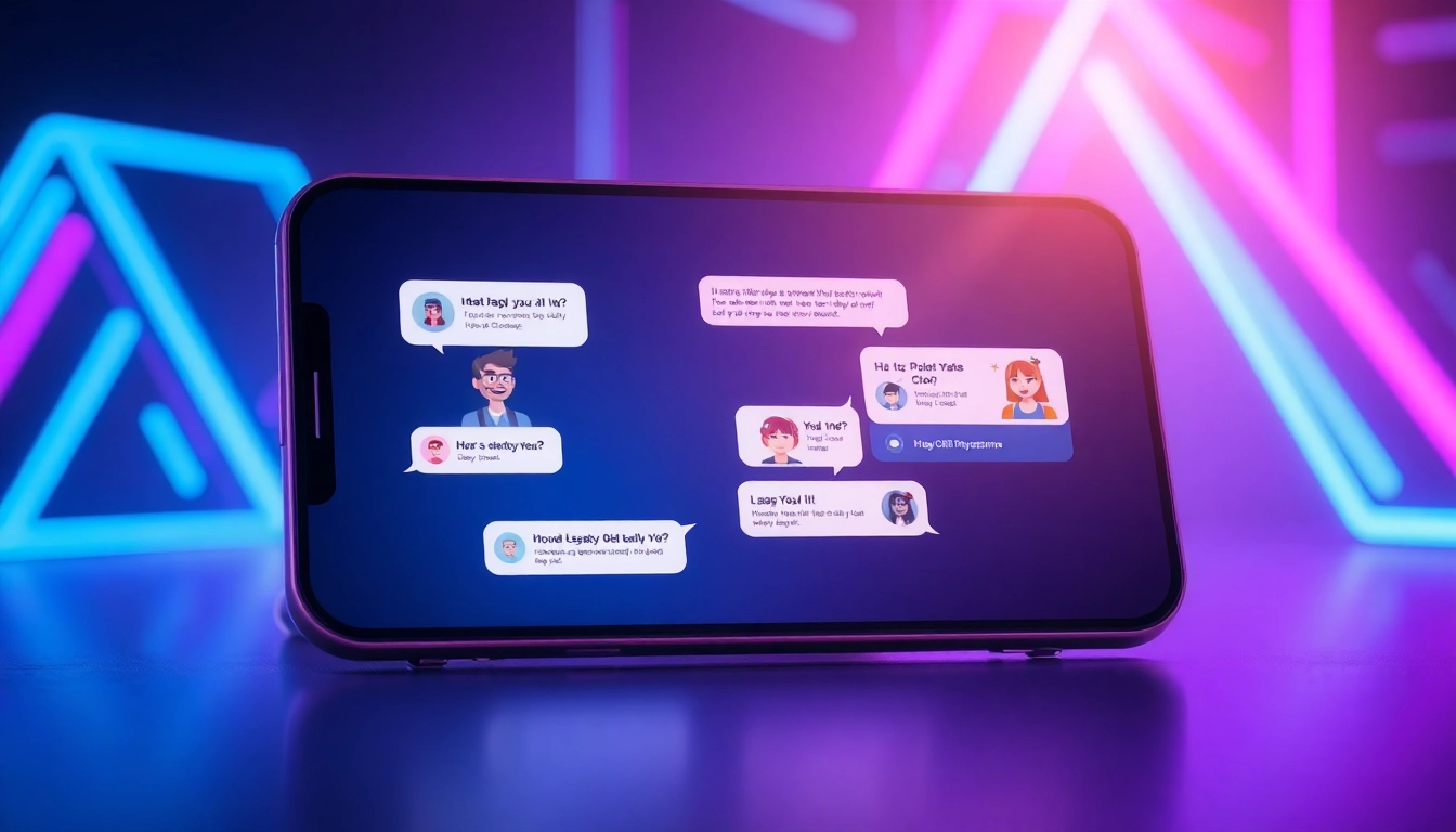 Digital illustration of a futuristic chat interface with customizable AI characters on a sleek device screen, glowing neon background.