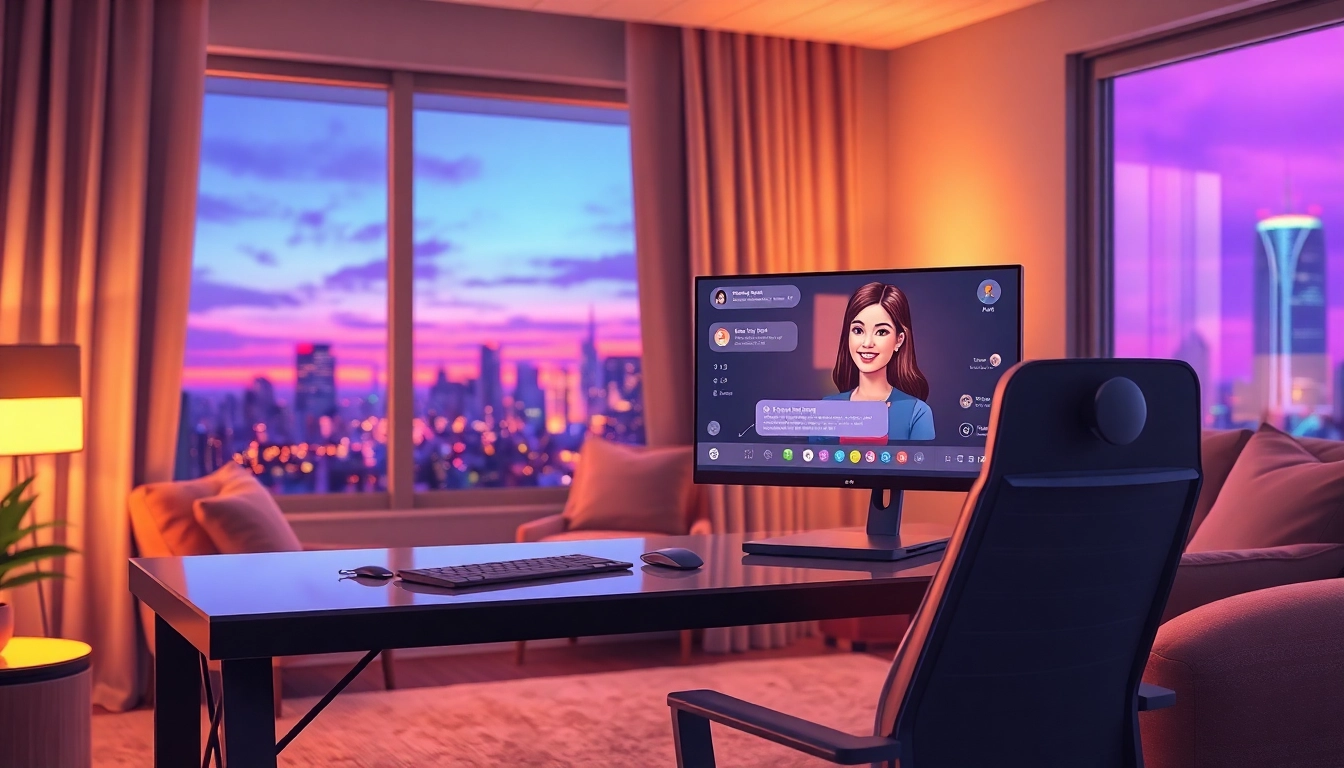A cozy room with a computer screen showing a friendly AI chat interface, illuminated by warm lighting, with a cityscape view at dusk in the background.