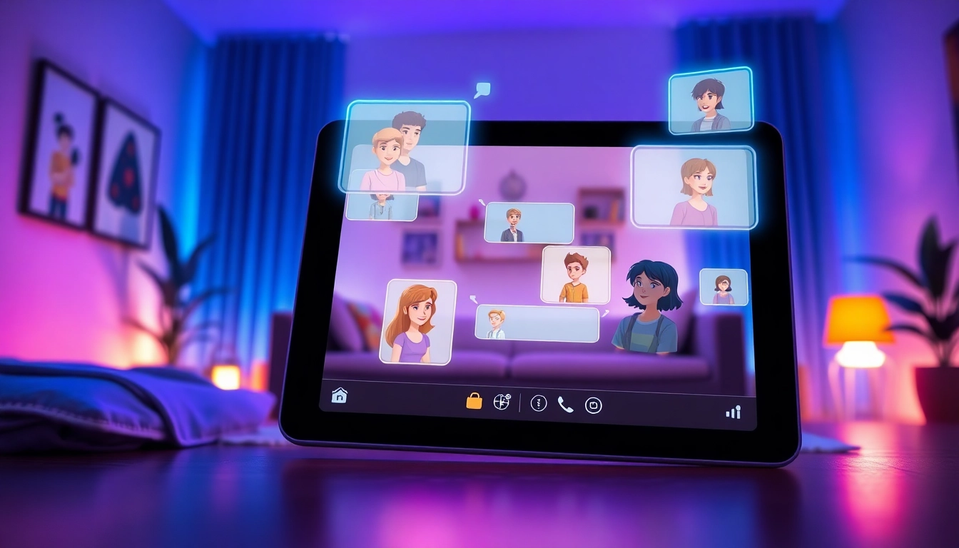 Futuristic digital chat interface with AI characters on a sleek tablet in a cozy modern room