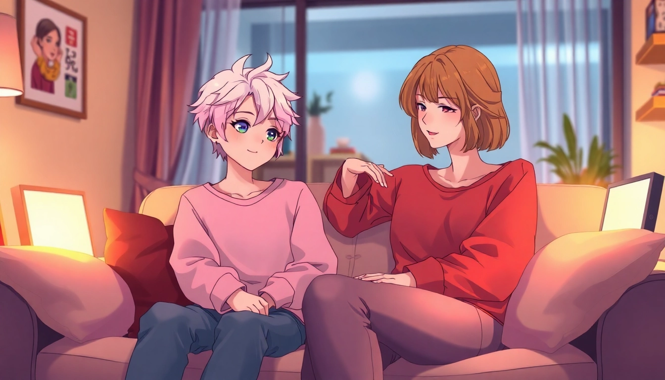 Anime-style scene of a femboy and a nurturing mom figure in a cozy room with warm lighting.