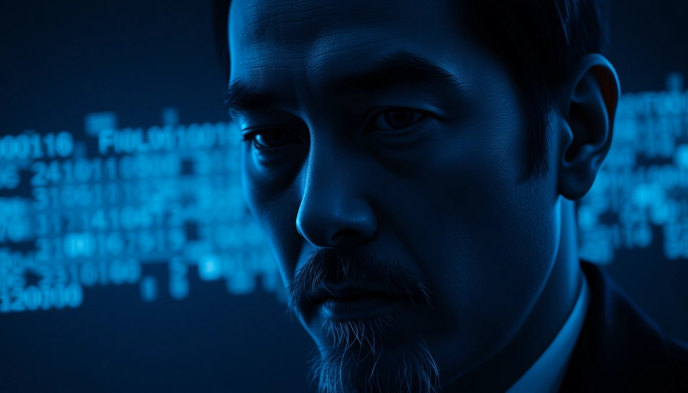 Satoshi Nakamoto's cryptic figure surrounded by blockchain symbols and digital code, symbolizing the enigmatic creator of Bitcoin.