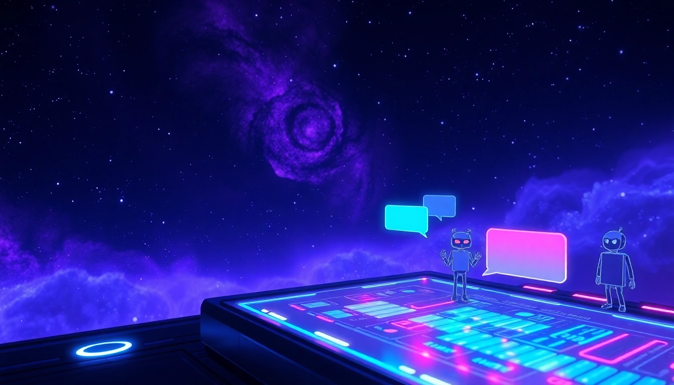 Futuristic digital space scene with AI chat interactions illuminated by neon lights and cosmic background.