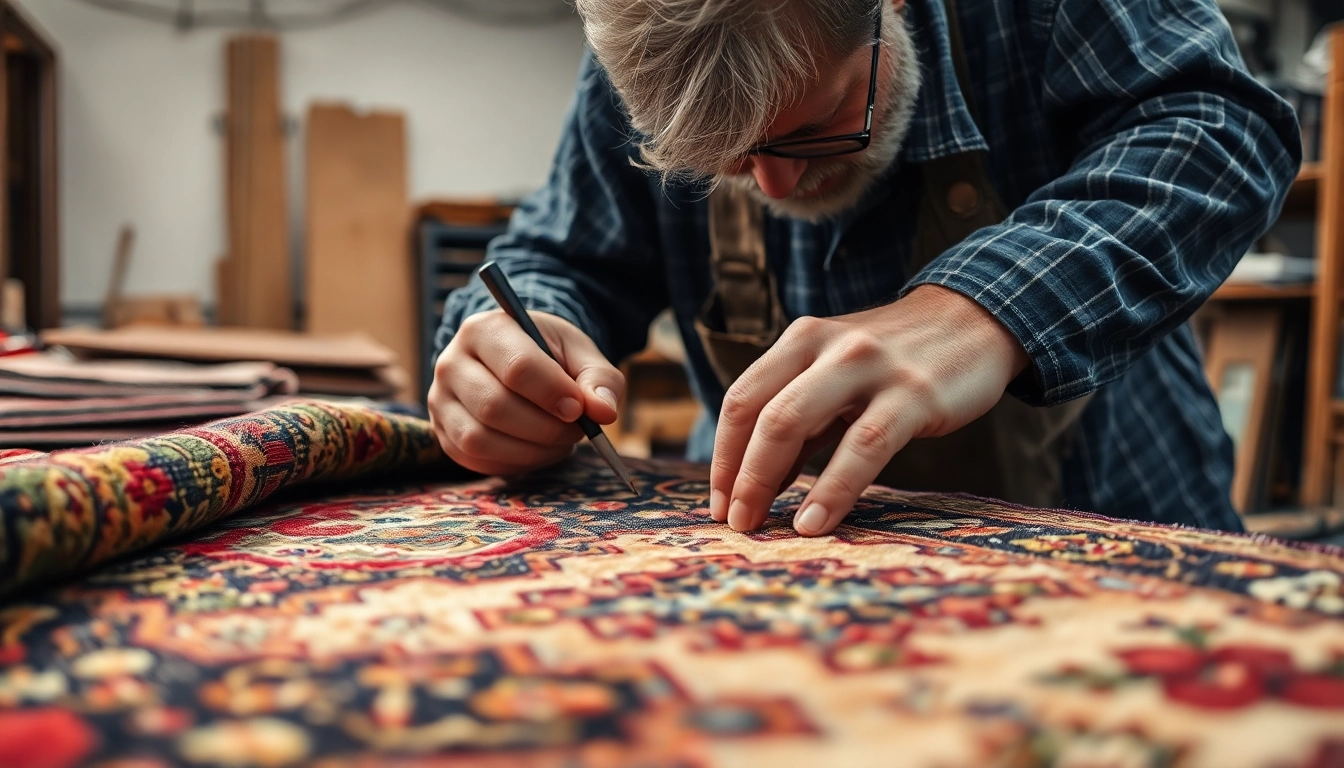 Expert restoring a vintage rug for Restauro Tappeti milano in a professional workshop,
