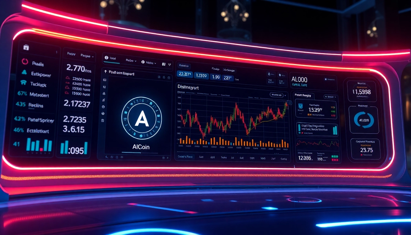 High-tech AICoin trading platform with real-time charts, emphasizing data analysis and market